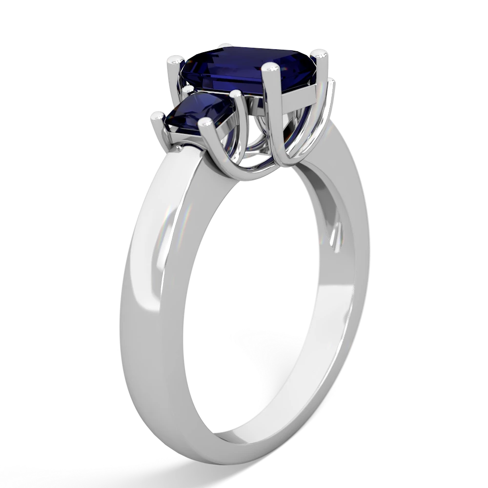 Lab Sapphire Three Stone Emerald-Cut Trellis 14K White Gold ring R4021