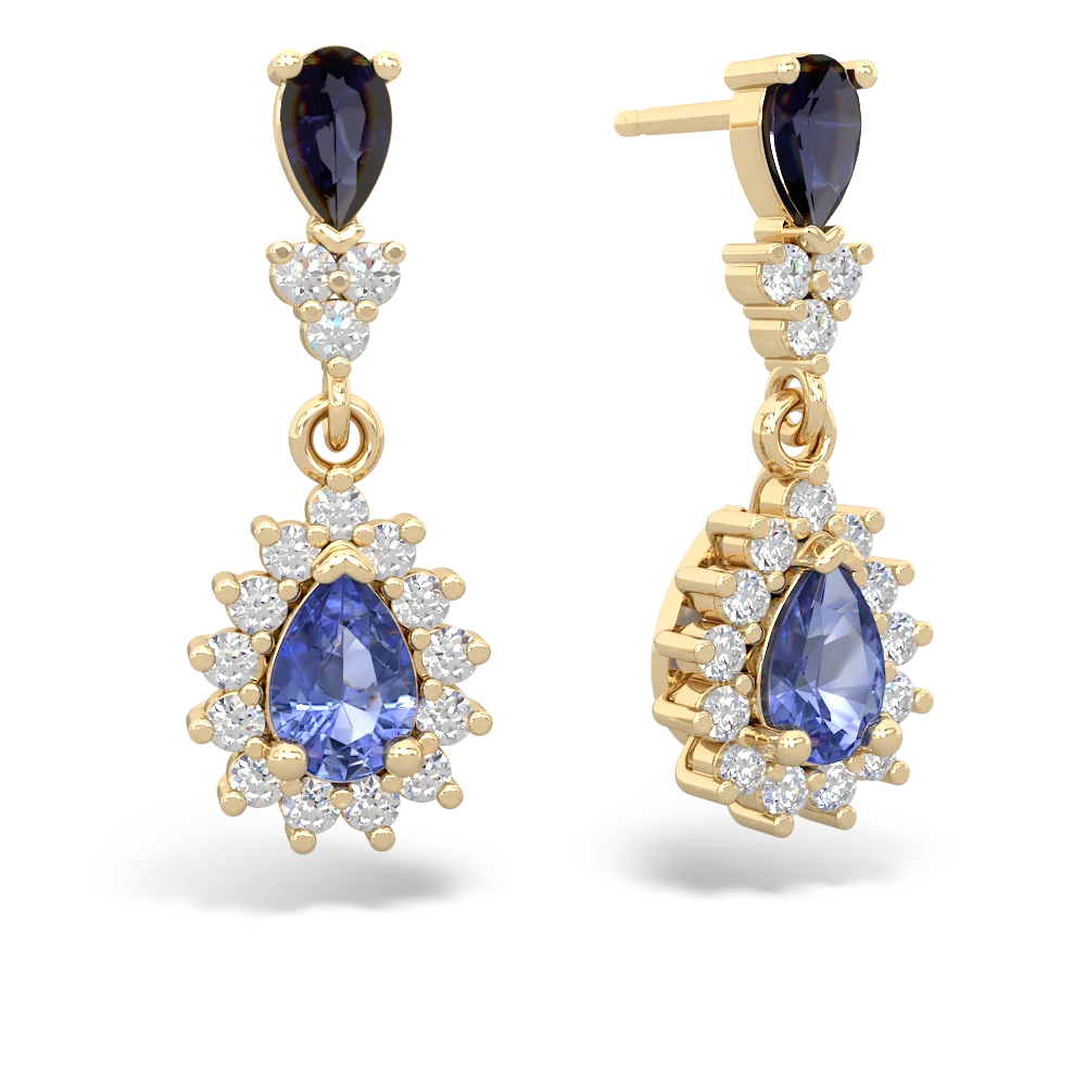 Sapphire Halo Pear Dangle 14K Yellow Gold earrings E1882