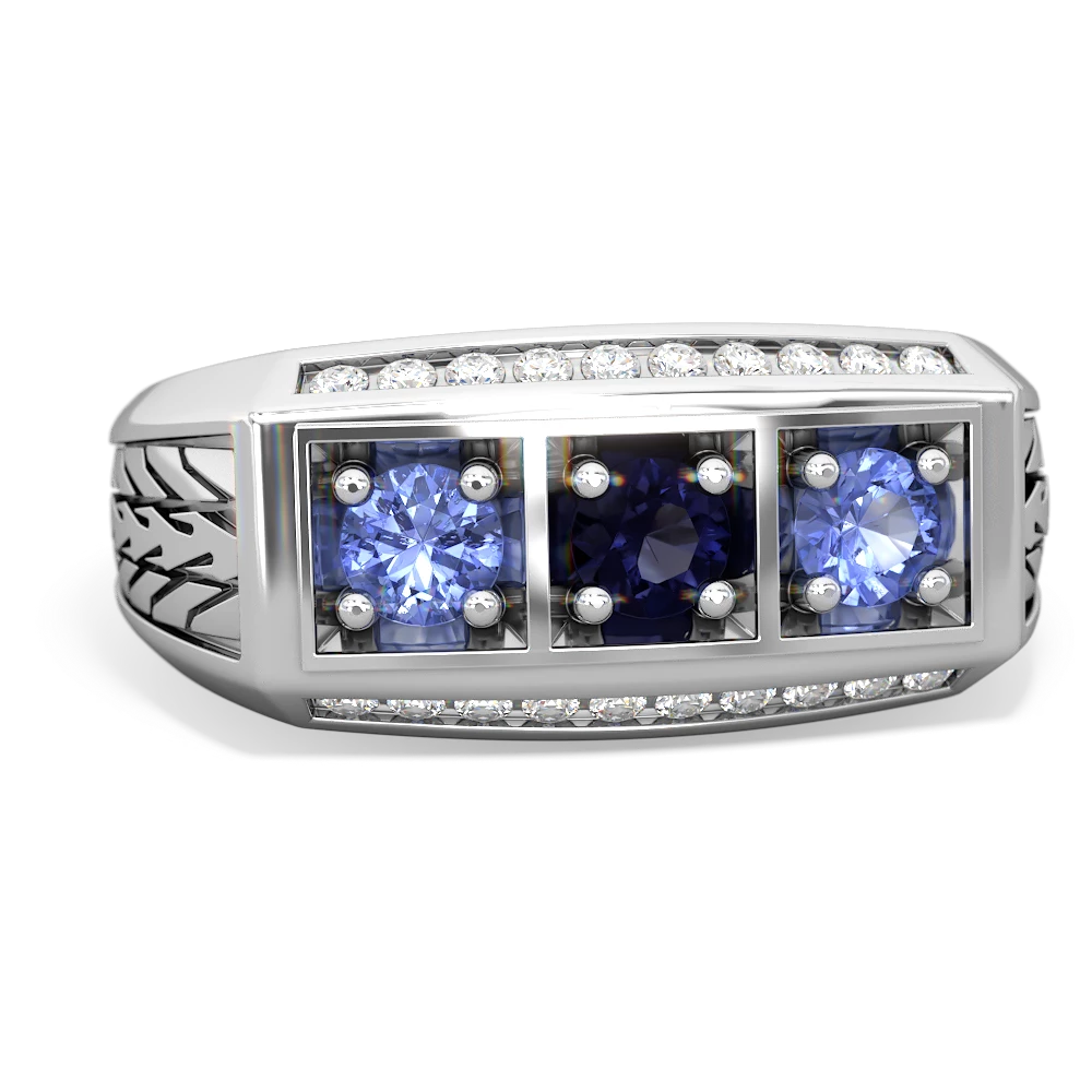 Sapphire Three Stone Tire Tread Men's 14K White Gold ring R0520