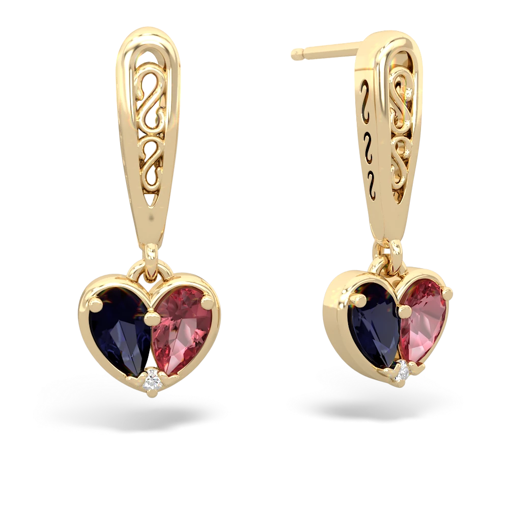 Sapphire Filligree Heart 14K Yellow Gold earrings E5070