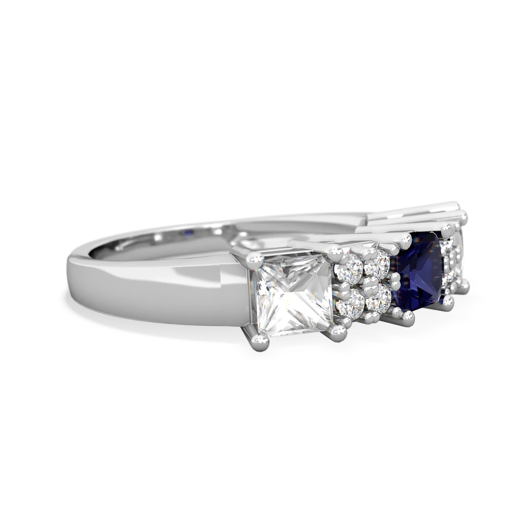 Sapphire Three Stone Diamond Cluster 14K White Gold ring R2592