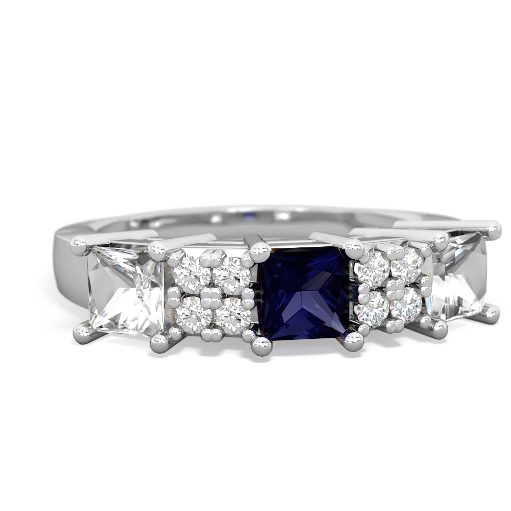 Sapphire Three Stone Diamond Cluster 14K White Gold ring R2592