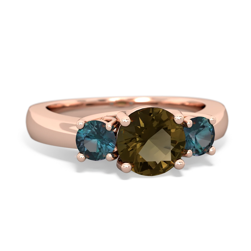 Smoky Quartz Three Stone Round Trellis 14K Rose Gold ring R4018