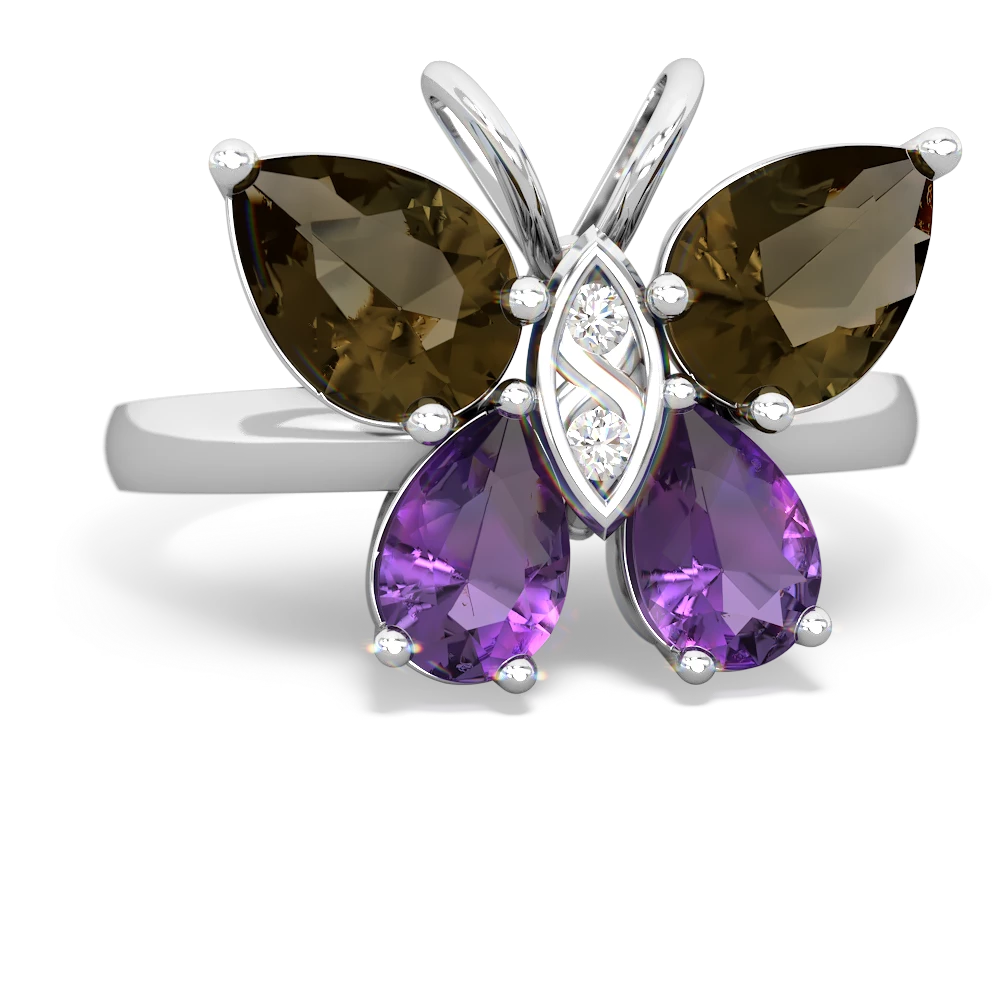 Smoky Quartz Butterfly 14K White Gold ring R2215