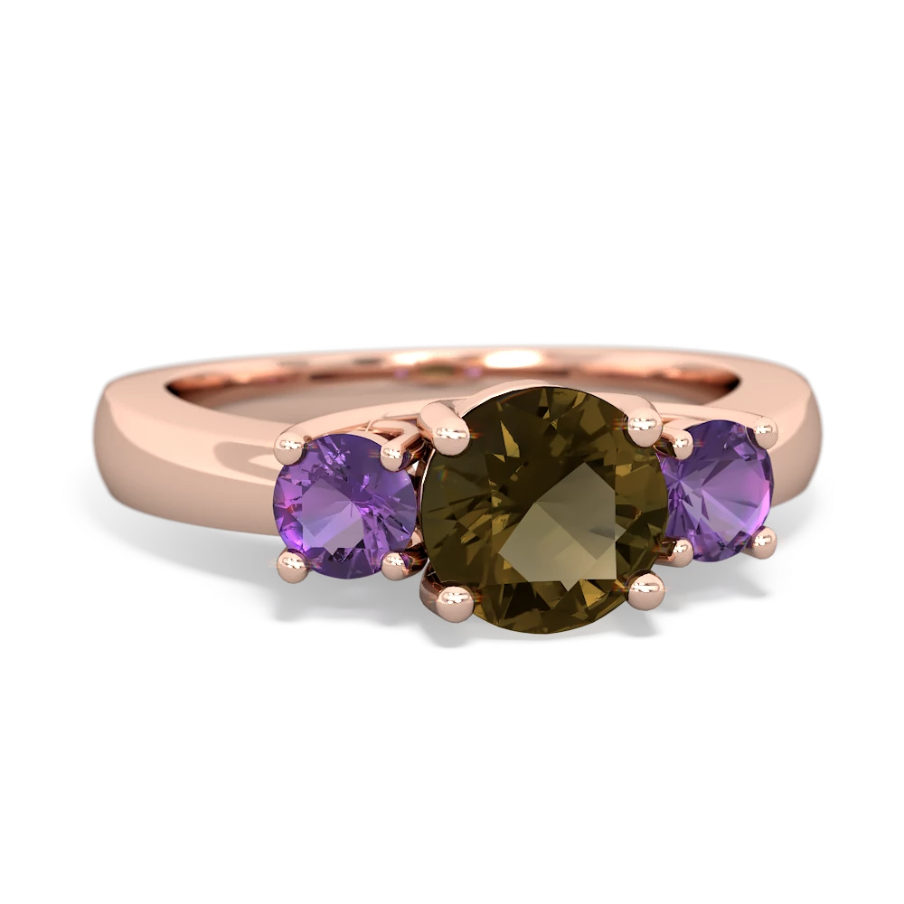 Smoky Quartz Three Stone Round Trellis 14K Rose Gold ring R4018