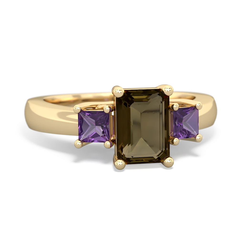 Smoky Quartz Three Stone Emerald-Cut Trellis 14K Yellow Gold ring R4021