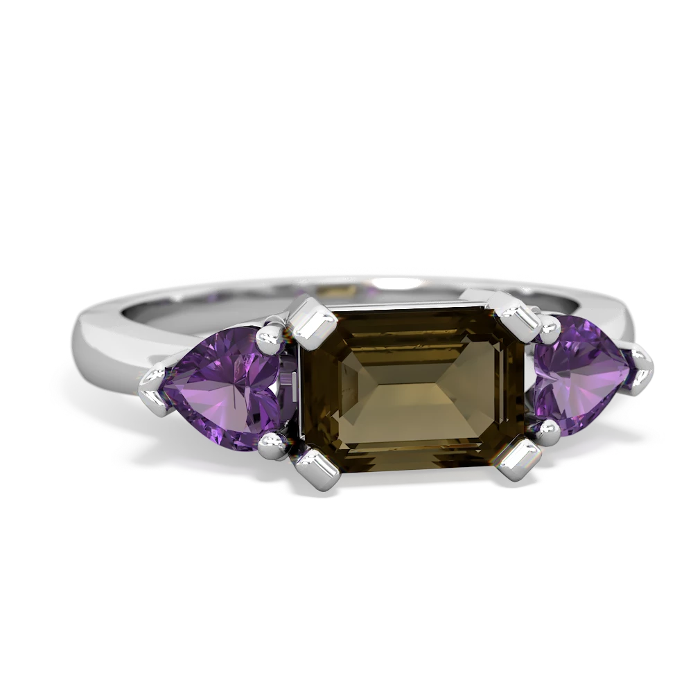 Smoky Quartz Amethyst Three Stone ring 14K White Gold