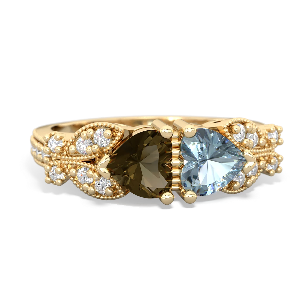 Smoky Quartz Diamond Butterflies 14K Yellow Gold ring R5601