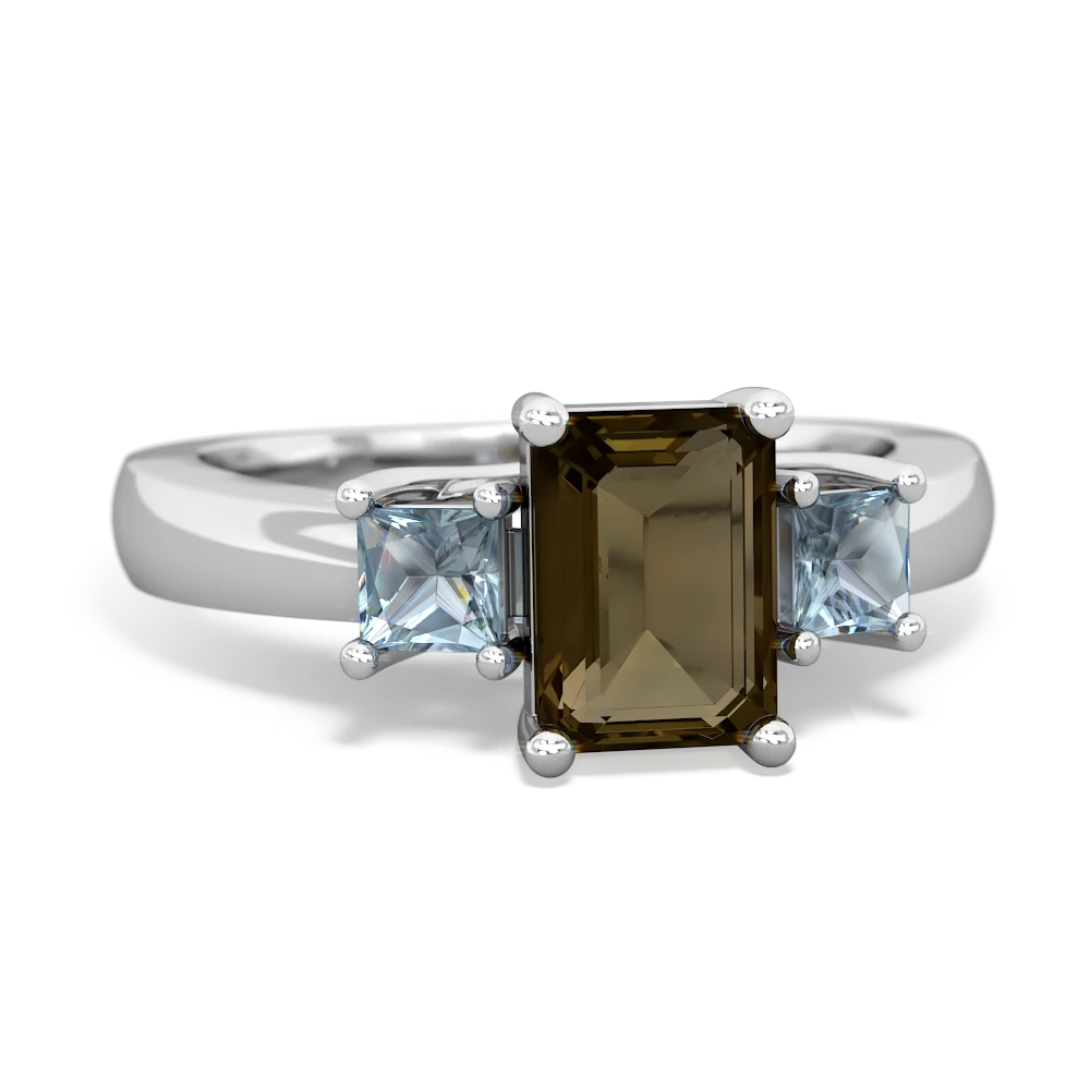 Smoky Quartz Three Stone Emerald-Cut Trellis 14K White Gold ring R4021