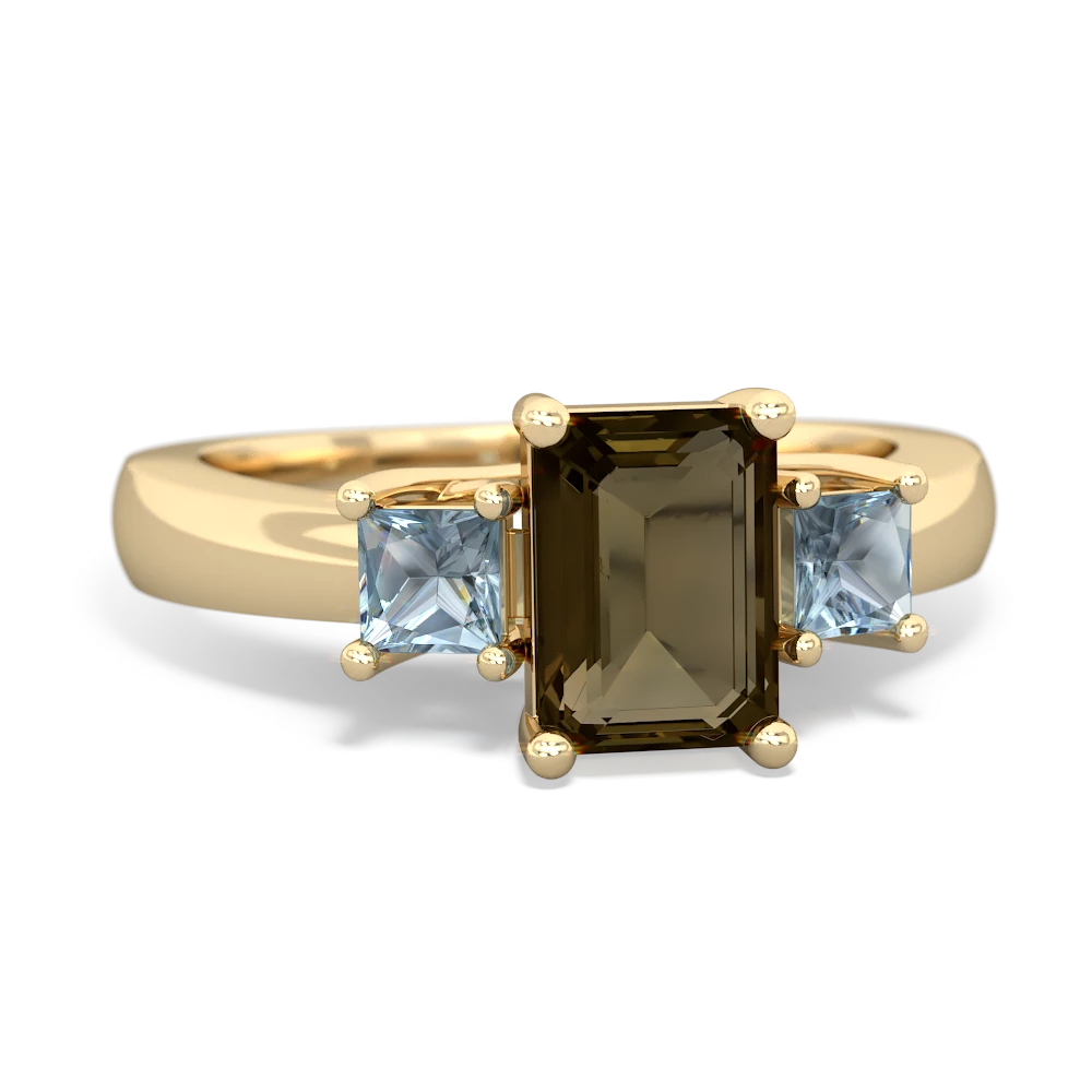 Smoky Quartz Three Stone Emerald-Cut Trellis 14K Yellow Gold ring R4021