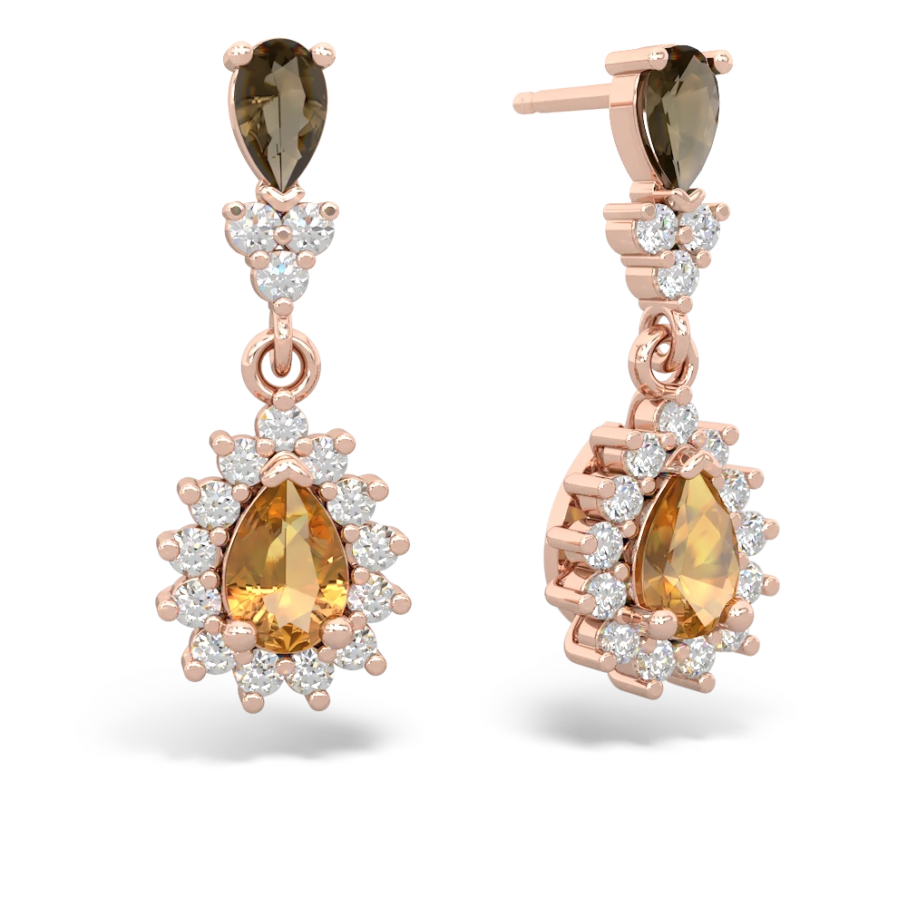 Smoky Quartz Halo Pear Dangle 14K Rose Gold earrings E1882