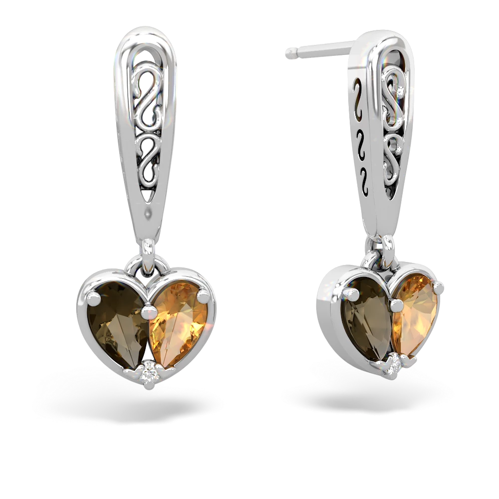 Smoky Quartz Filligree Heart 14K White Gold earrings E5070