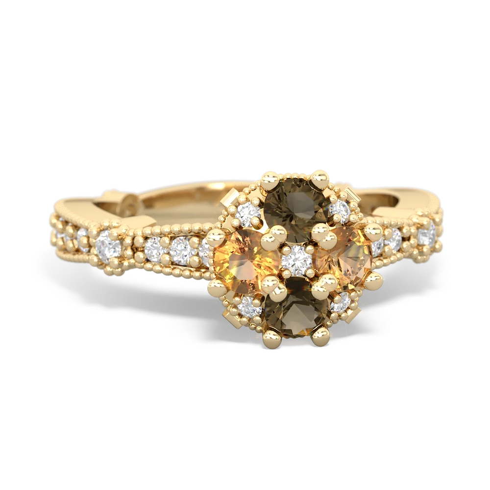 Smoky Quartz Sparkling Tiara Cluster 14K Yellow Gold ring R26293RD