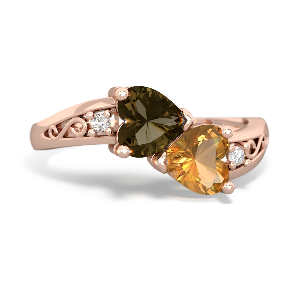 Smoky Quartz Snuggling Hearts 14K Rose Gold ring R2178