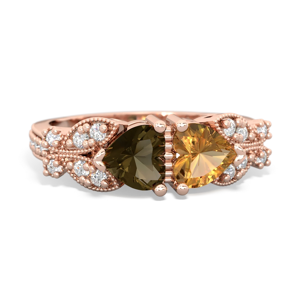 Smoky Quartz Diamond Butterflies 14K Rose Gold ring R5601