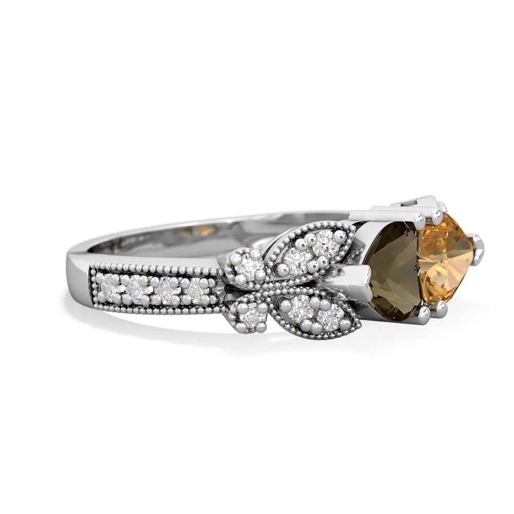 Smoky Quartz Diamond Butterflies 14K White Gold ring R5601