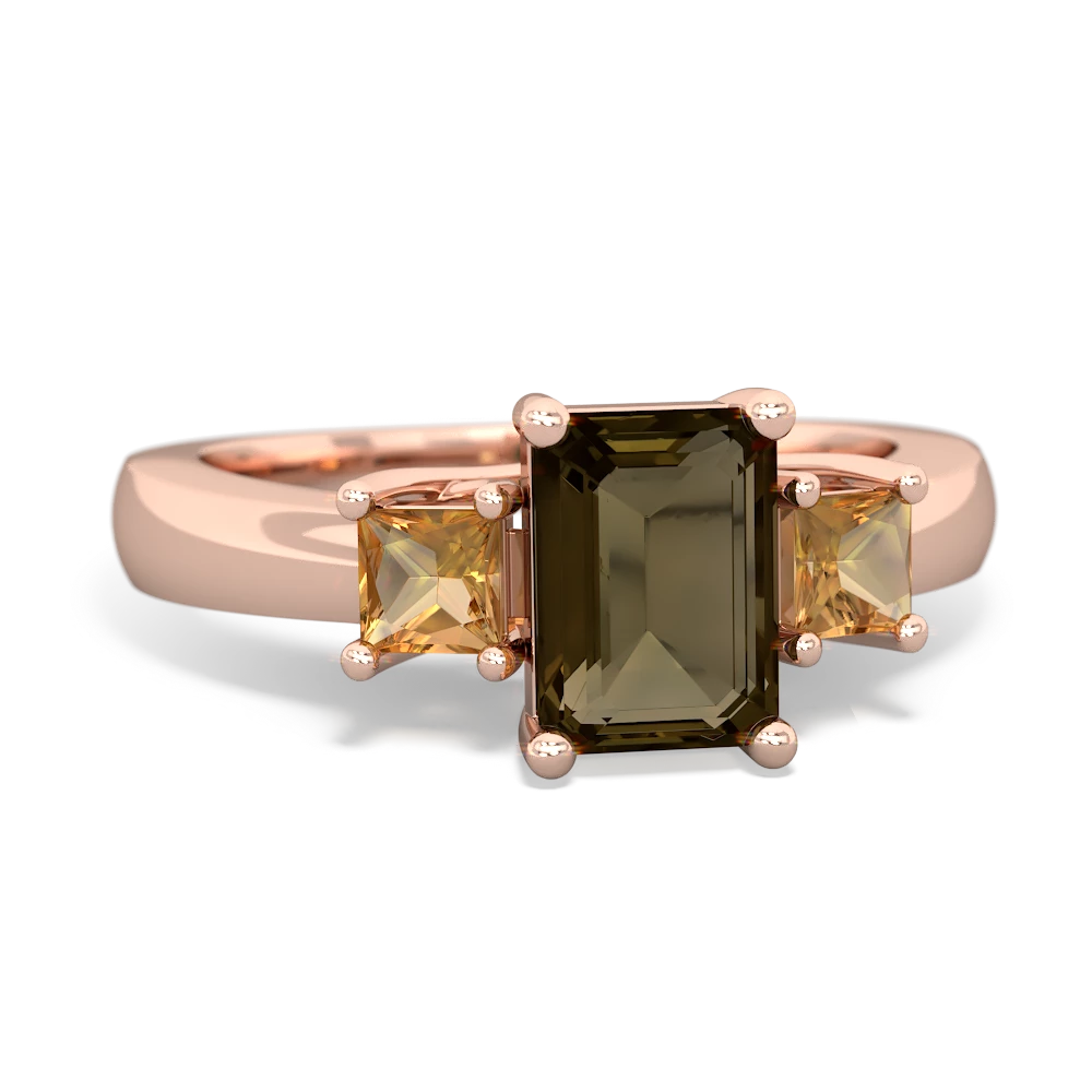 Smoky Quartz Three Stone Emerald-Cut Trellis 14K Rose Gold ring R4021