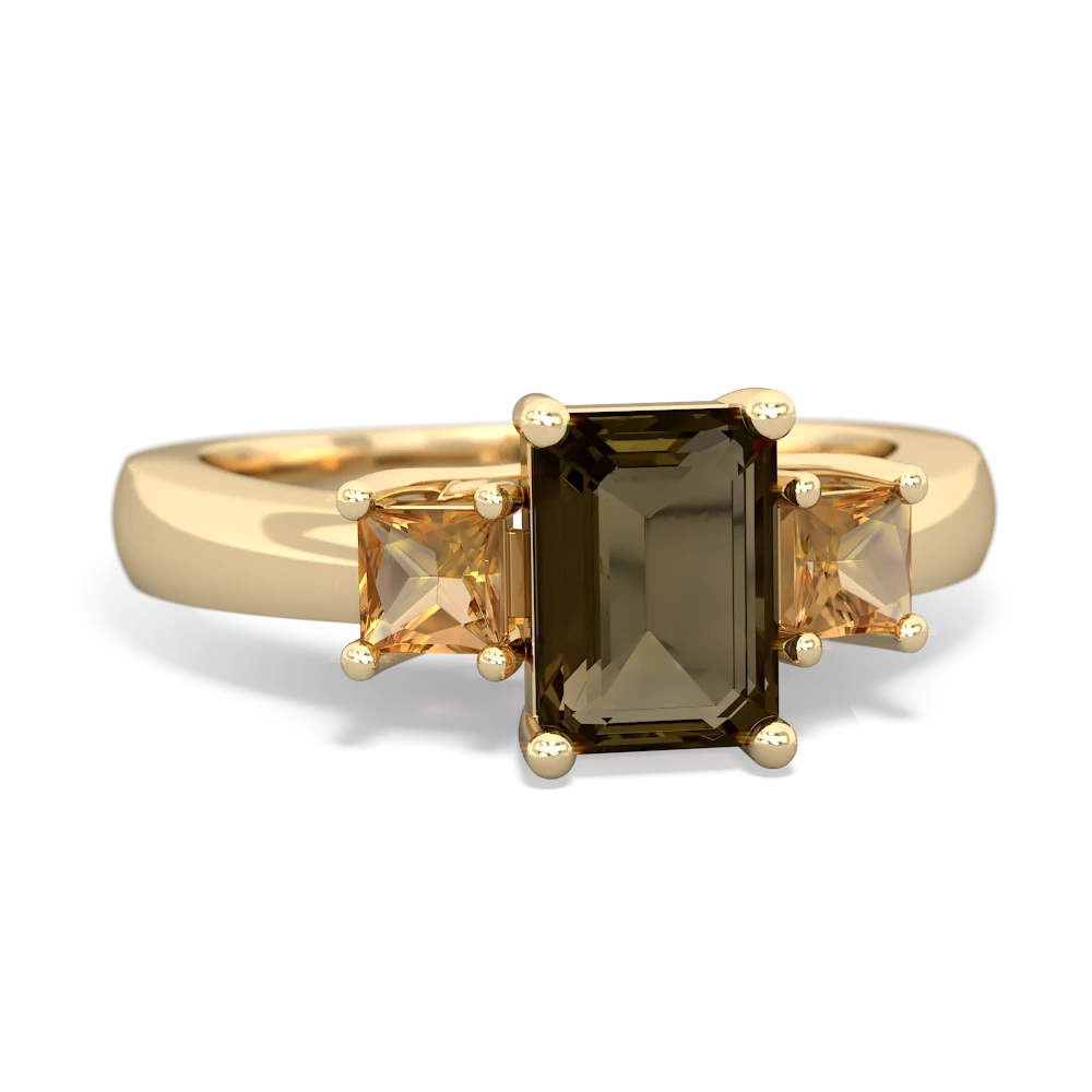 Smoky Quartz Three Stone Emerald-Cut Trellis 14K Yellow Gold ring R4021