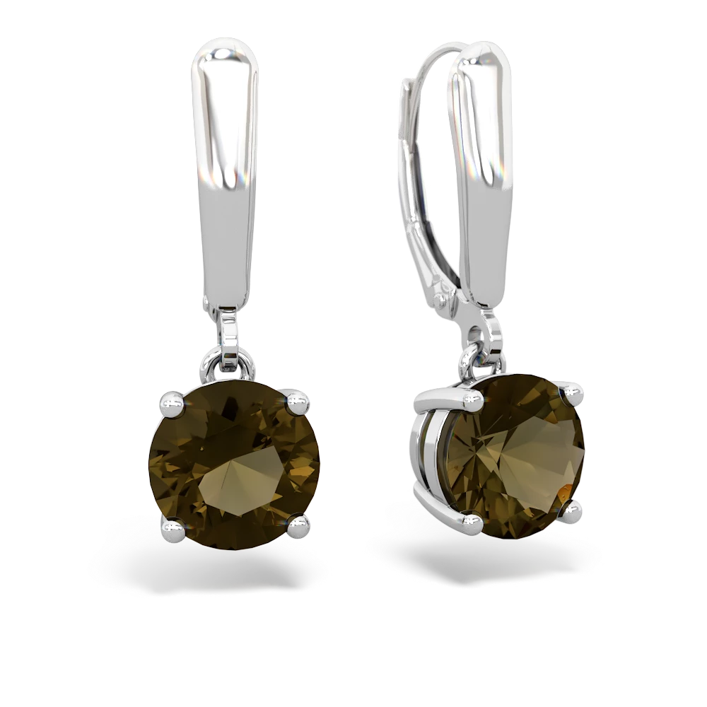 Smoky Quartz 8Mm  Round Lever Back 14K White Gold earrings E2788