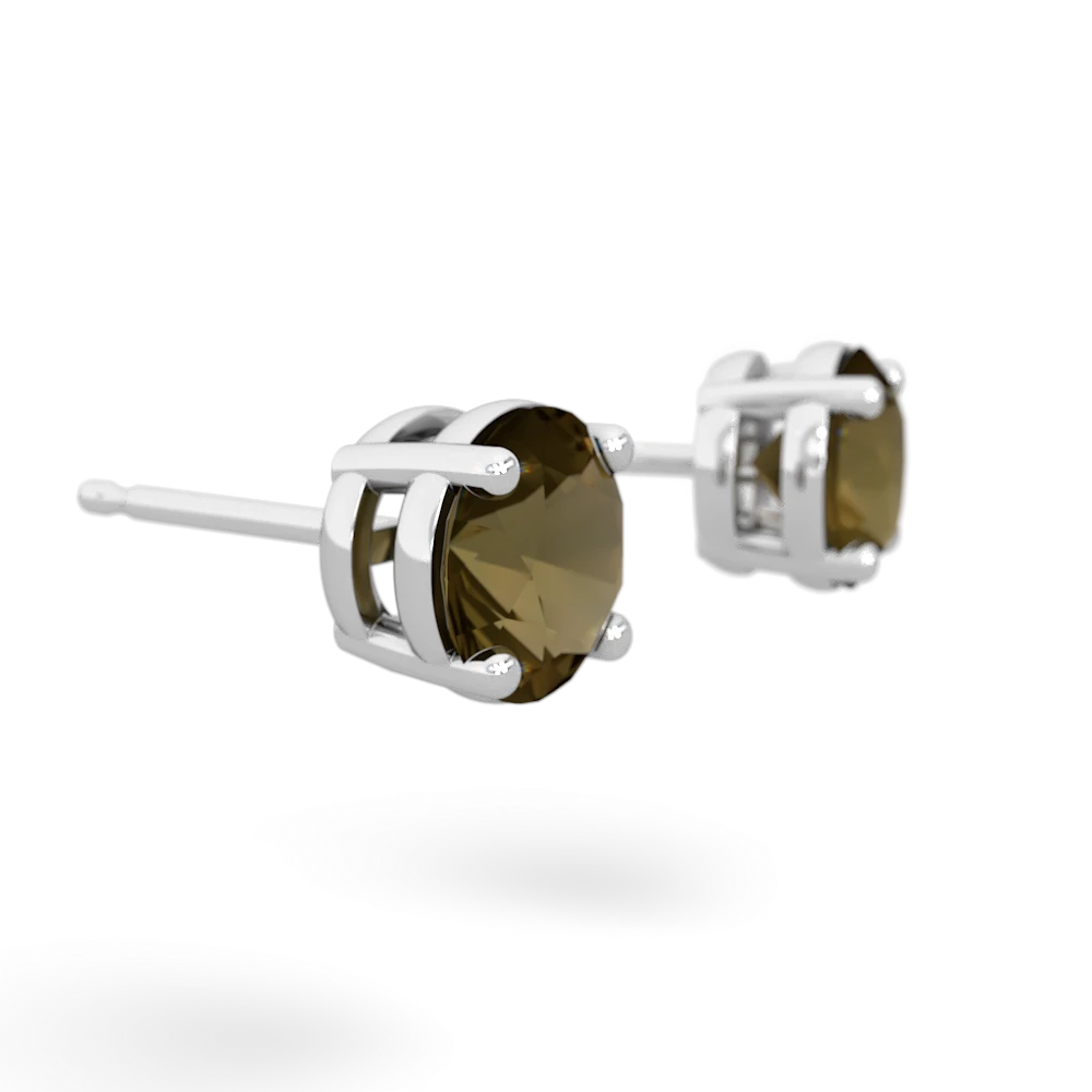 Smoky Quartz 6Mm Round Stud 14K White Gold earrings E1786