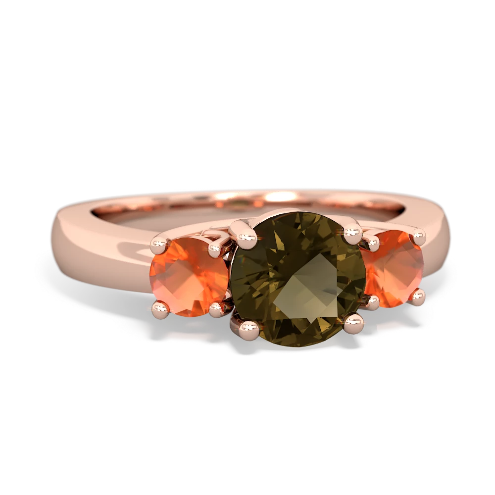 Smoky Quartz Three Stone Round Trellis 14K Rose Gold ring R4018