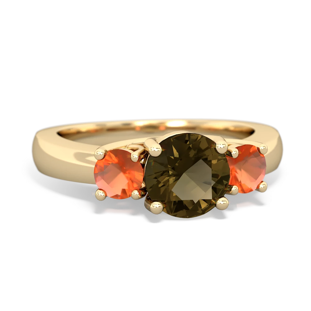 Smoky Quartz Three Stone Round Trellis 14K Yellow Gold ring R4018