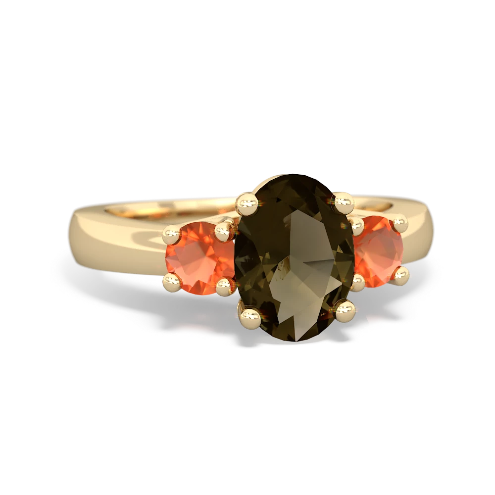 Smoky Quartz Three Stone Oval Trellis 14K Yellow Gold ring R4024