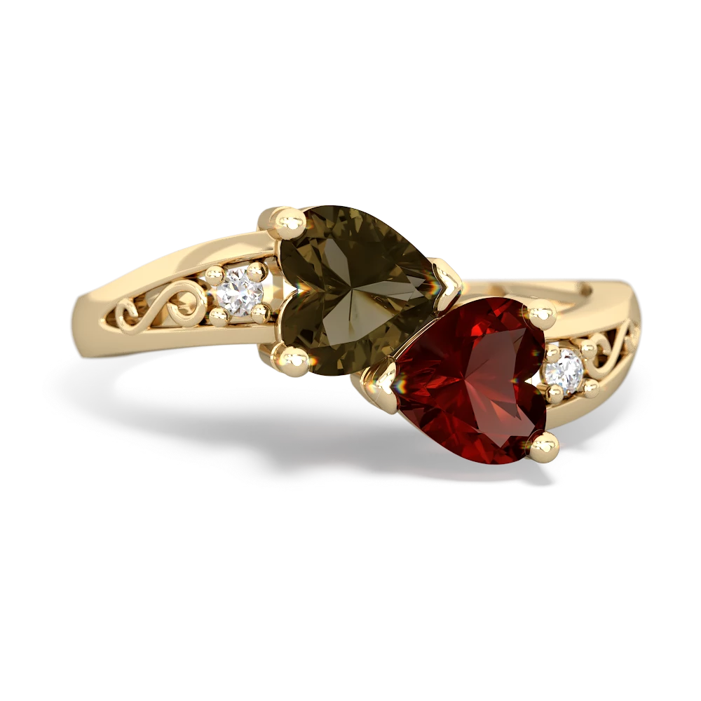 Smoky Quartz Snuggling Hearts 14K Yellow Gold ring R2178