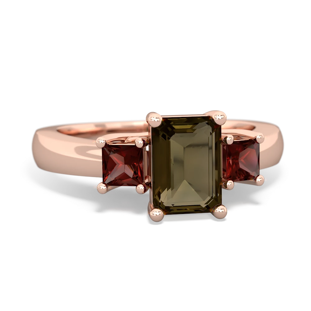 Smoky Quartz Three Stone Emerald-Cut Trellis 14K Rose Gold ring R4021