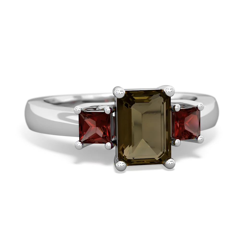 Smoky Quartz Three Stone Emerald-Cut Trellis 14K White Gold ring R4021