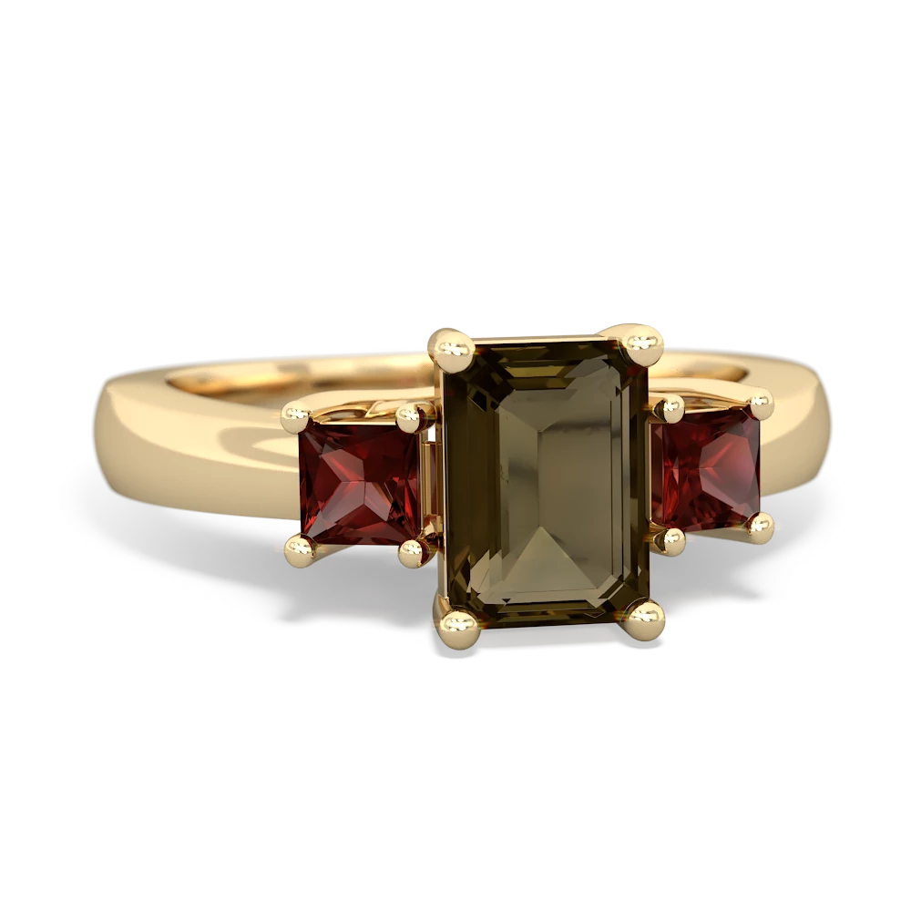 Smoky Quartz Three Stone Emerald-Cut Trellis 14K Yellow Gold ring R4021