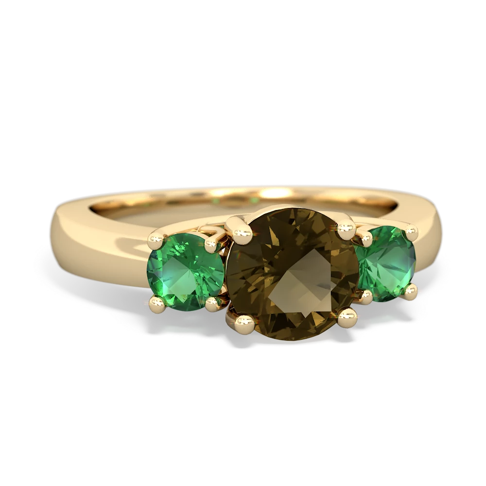 Smoky Quartz Three Stone Round Trellis 14K Yellow Gold ring R4018