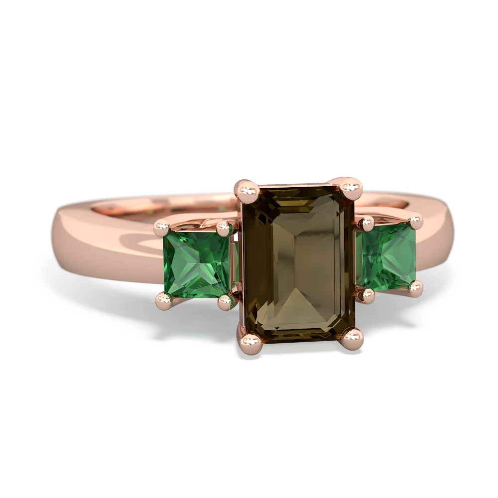 Smoky Quartz Three Stone Emerald-Cut Trellis 14K Rose Gold ring R4021