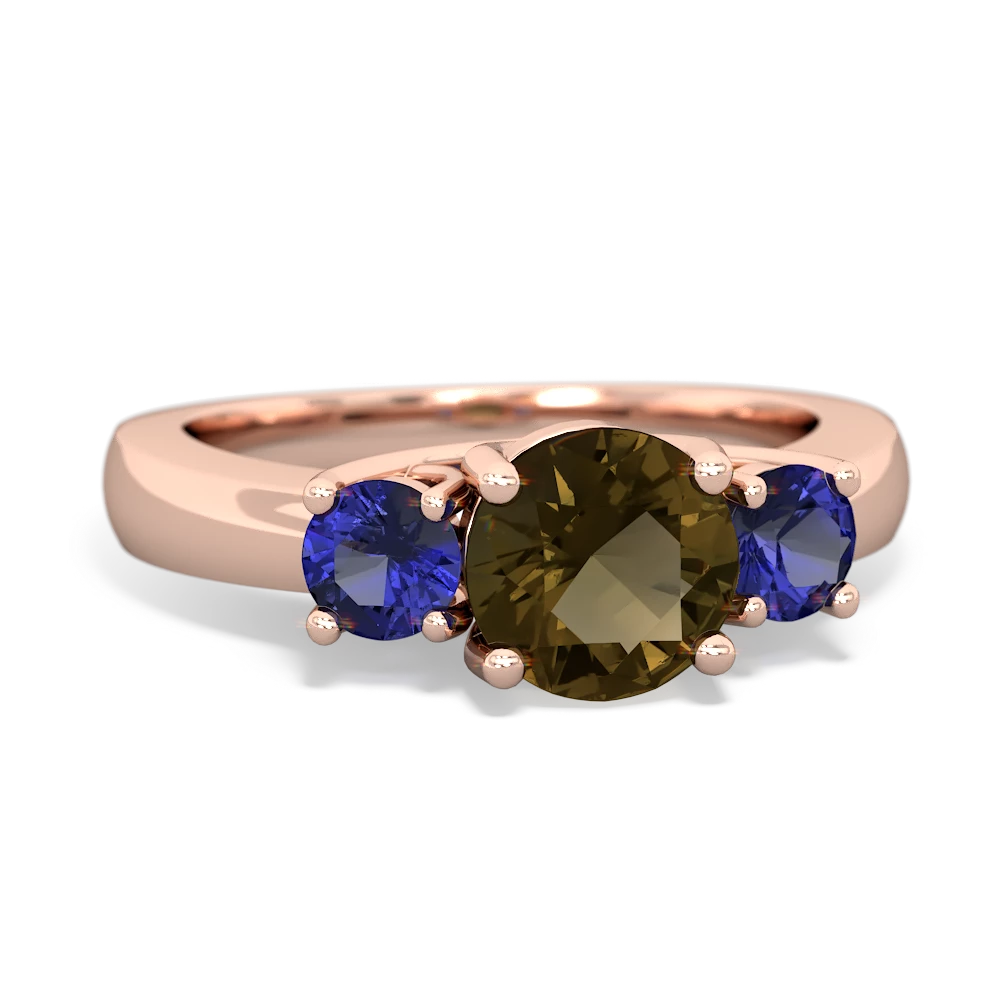 Smoky Quartz Three Stone Round Trellis 14K Rose Gold ring R4018