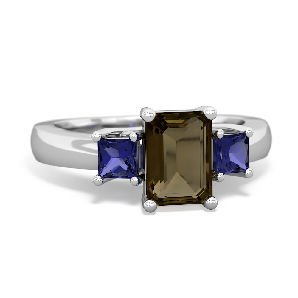 Smoky Quartz Three Stone Emerald-Cut Trellis 14K White Gold ring R4021