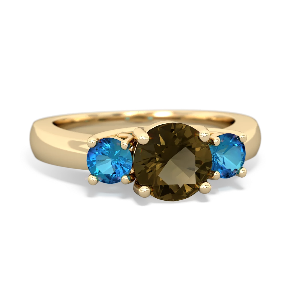 Smoky Quartz Three Stone Round Trellis 14K Yellow Gold ring R4018