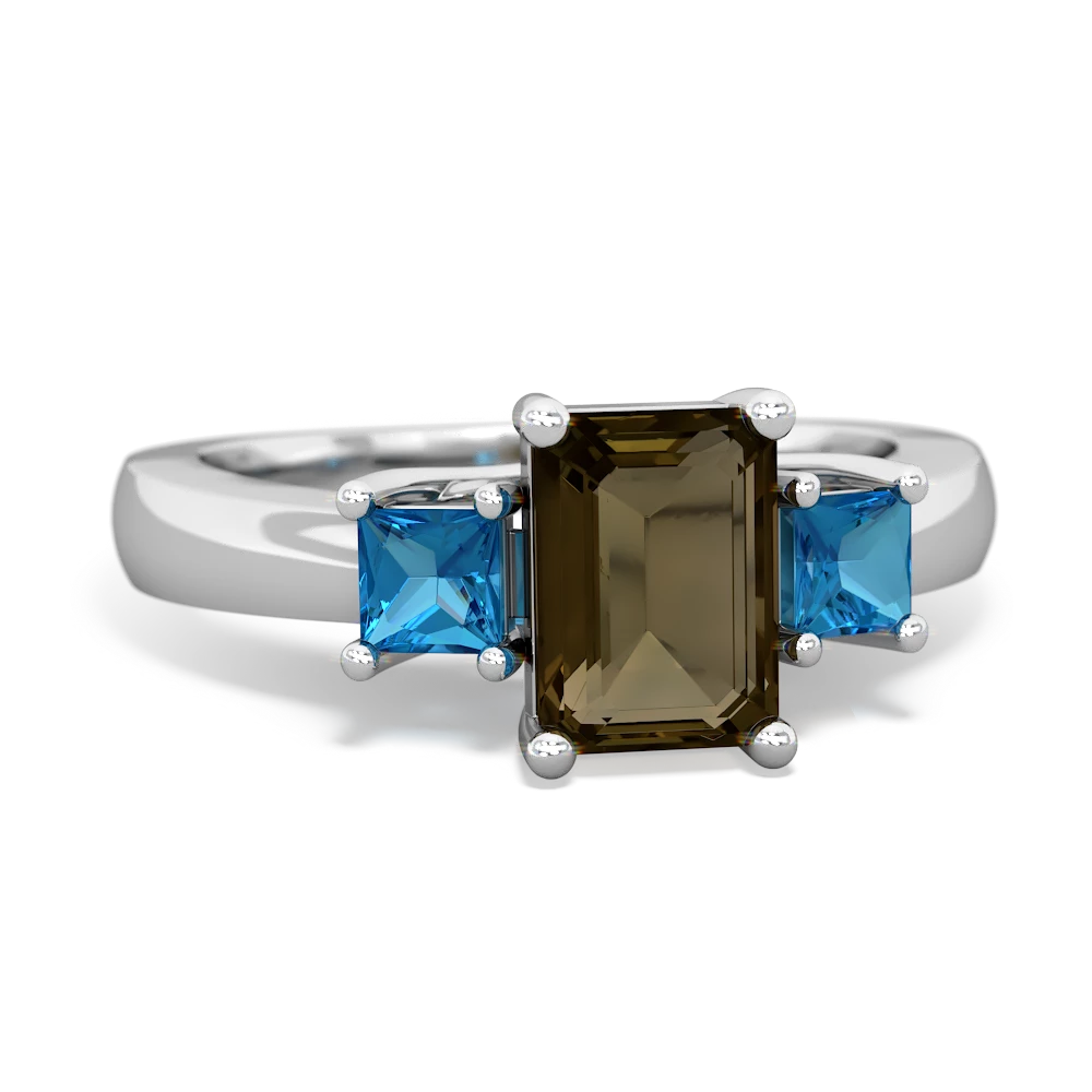 Smoky Quartz Three Stone Emerald-Cut Trellis 14K White Gold ring R4021