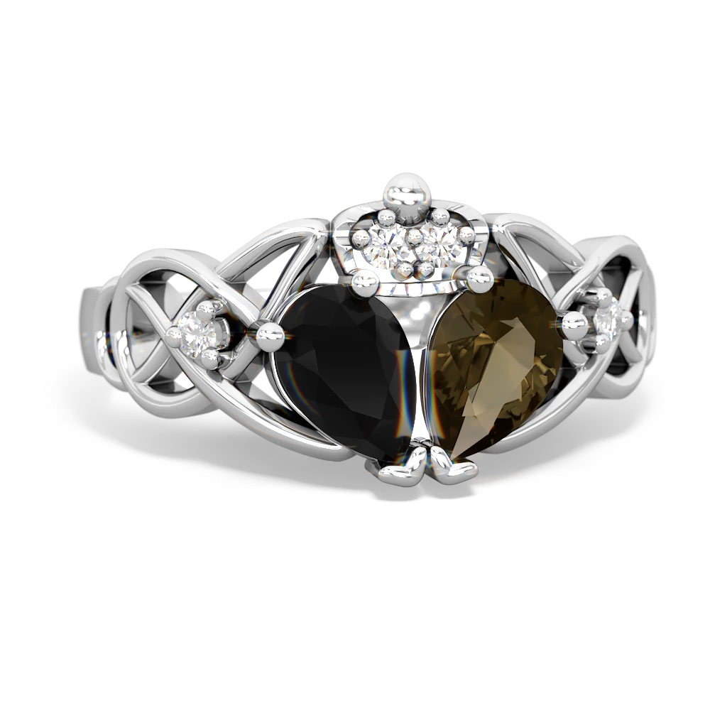 Smoky Quartz 'One Heart' Celtic Knot Claddagh 14K White Gold ring R5322