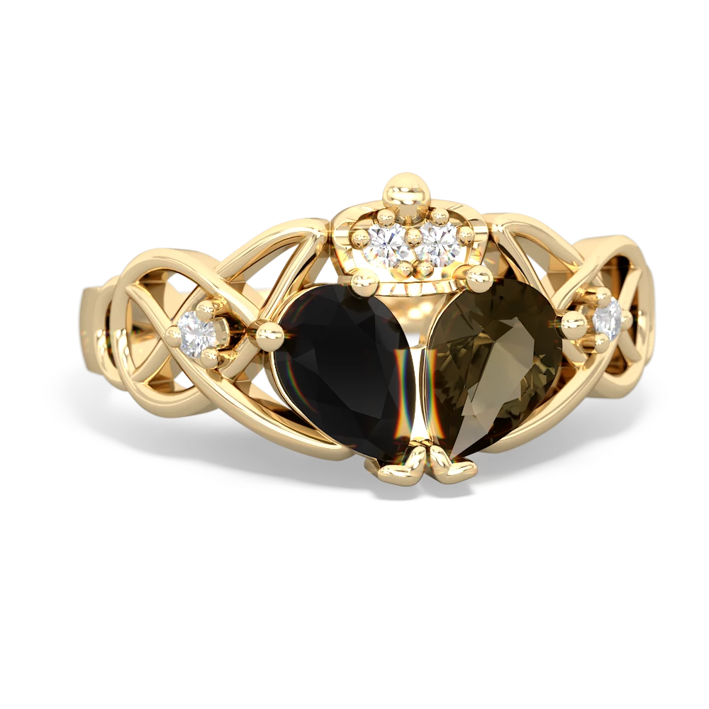 Smoky Quartz 'One Heart' Celtic Knot Claddagh 14K Yellow Gold ring R5322