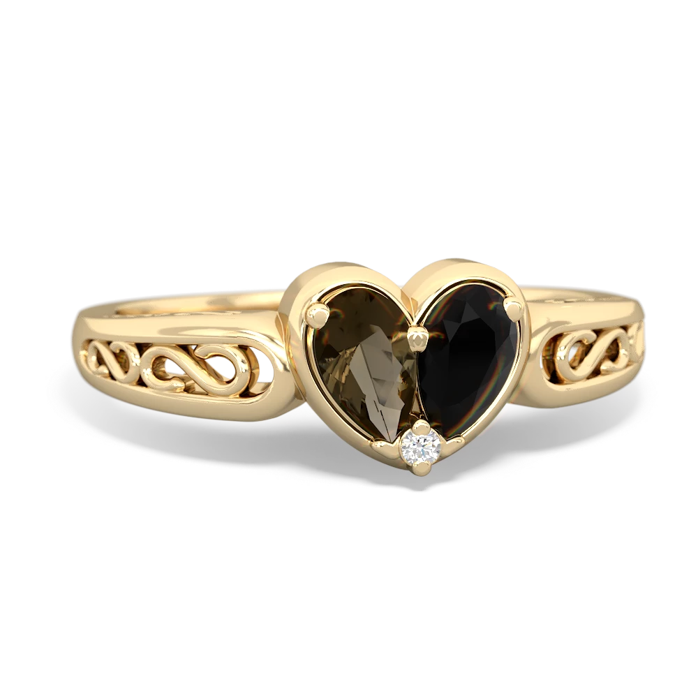 Smoky Quartz Filligree 'One Heart' 14K Yellow Gold ring R5070