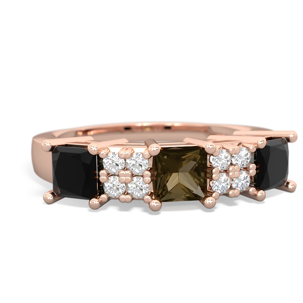 Smoky Quartz Three Stone Diamond Cluster 14K Rose Gold ring R2592