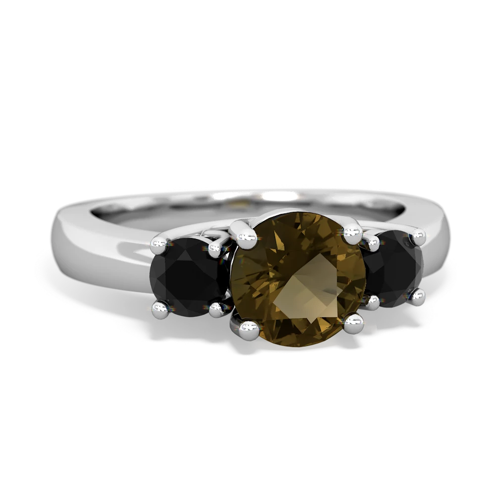 Smoky Quartz Three Stone Round Trellis 14K White Gold ring R4018