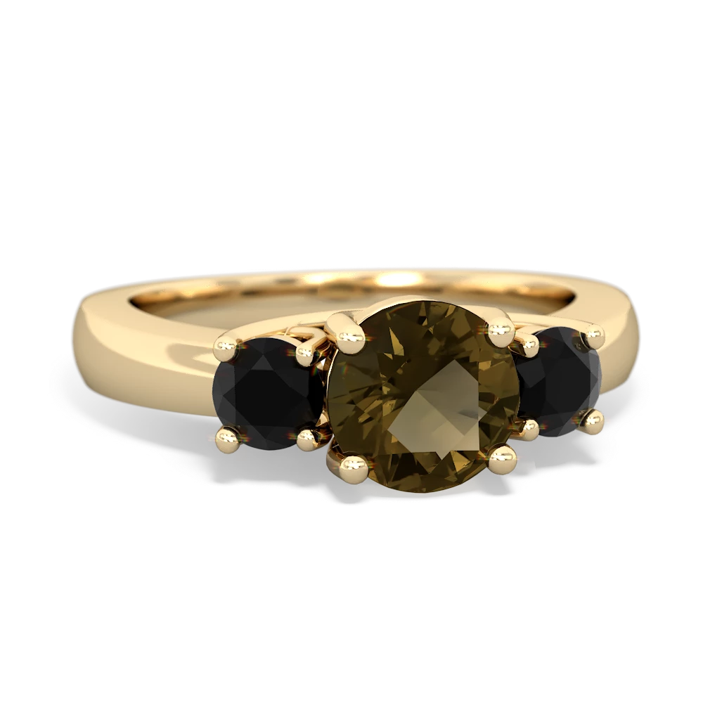 Smoky Quartz Three Stone Round Trellis 14K Yellow Gold ring R4018