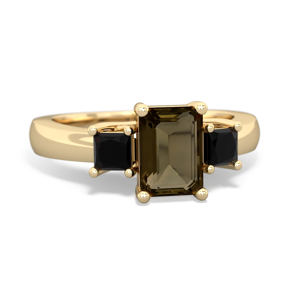 Smoky Quartz Three Stone Emerald-Cut Trellis 14K Yellow Gold ring R4021