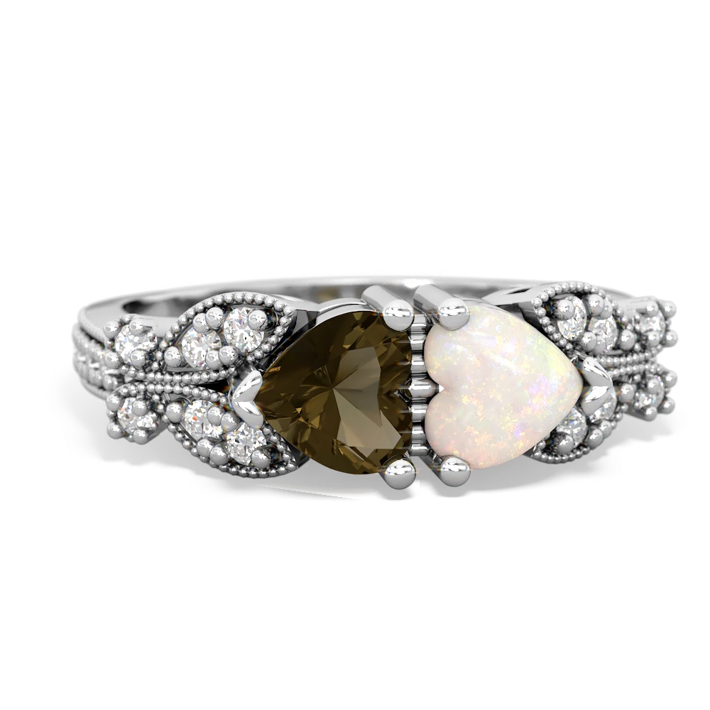 Smoky Quartz Diamond Butterflies 14K White Gold ring R5601