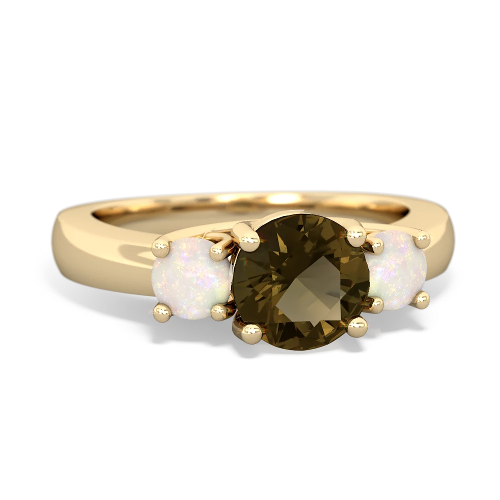 Smoky Quartz Three Stone Round Trellis 14K Yellow Gold ring R4018