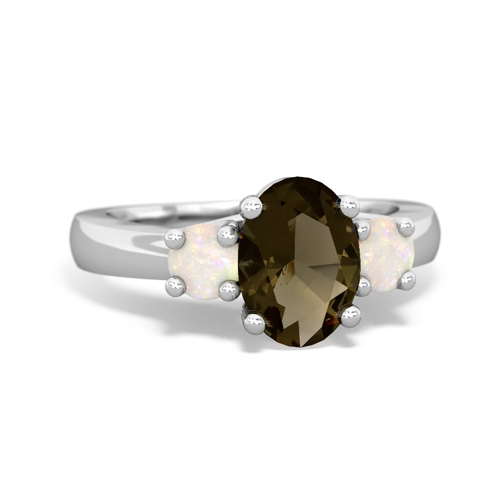 Smoky Quartz Three Stone Oval Trellis 14K White Gold ring R4024