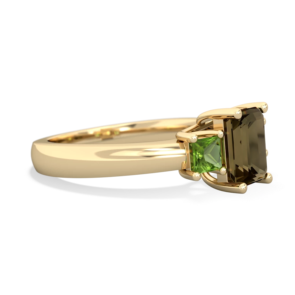 Smoky Quartz Three Stone Emerald-Cut Trellis 14K Yellow Gold ring R4021