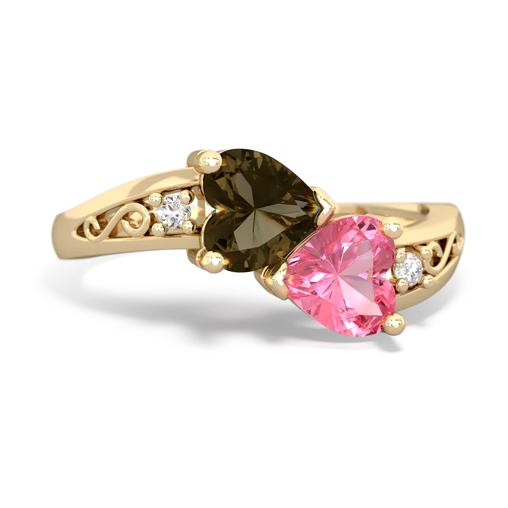 Smoky Quartz Snuggling Hearts 14K Yellow Gold ring R2178