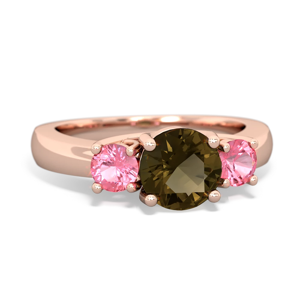 Smoky Quartz Three Stone Round Trellis 14K Rose Gold ring R4018